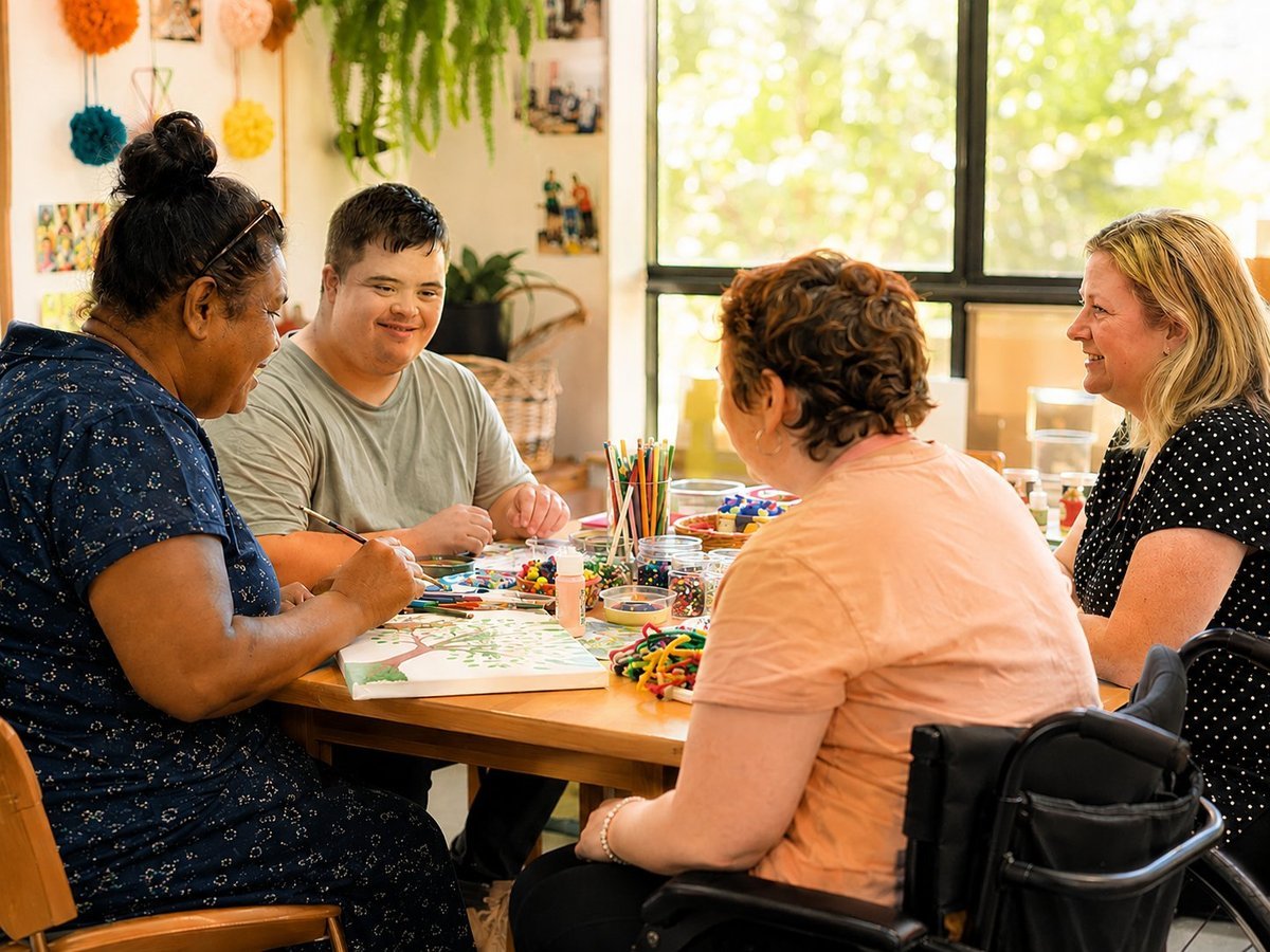 An AACA support worker and participants enjoying arts and crafts together at a sunny table