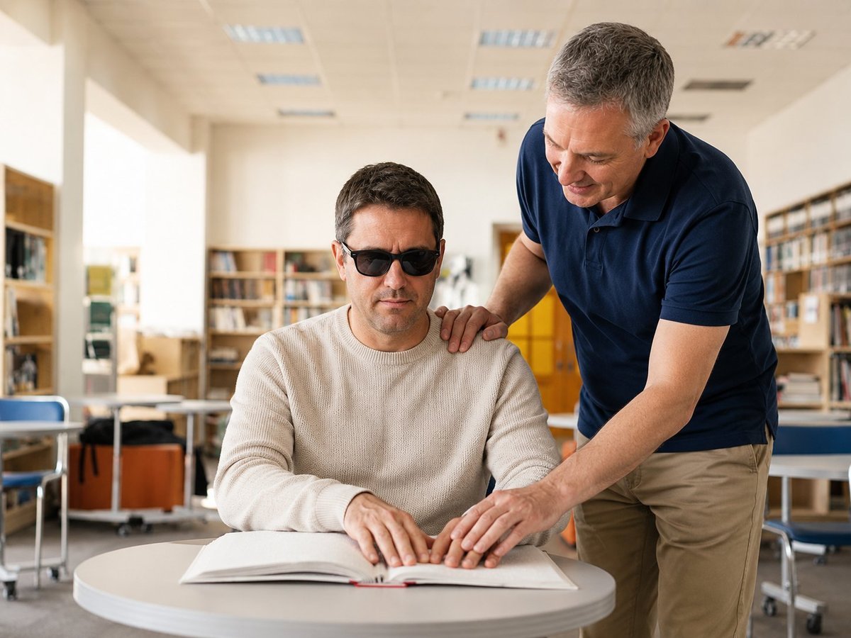An AACA support worker helping a participant read a braille book in a community library