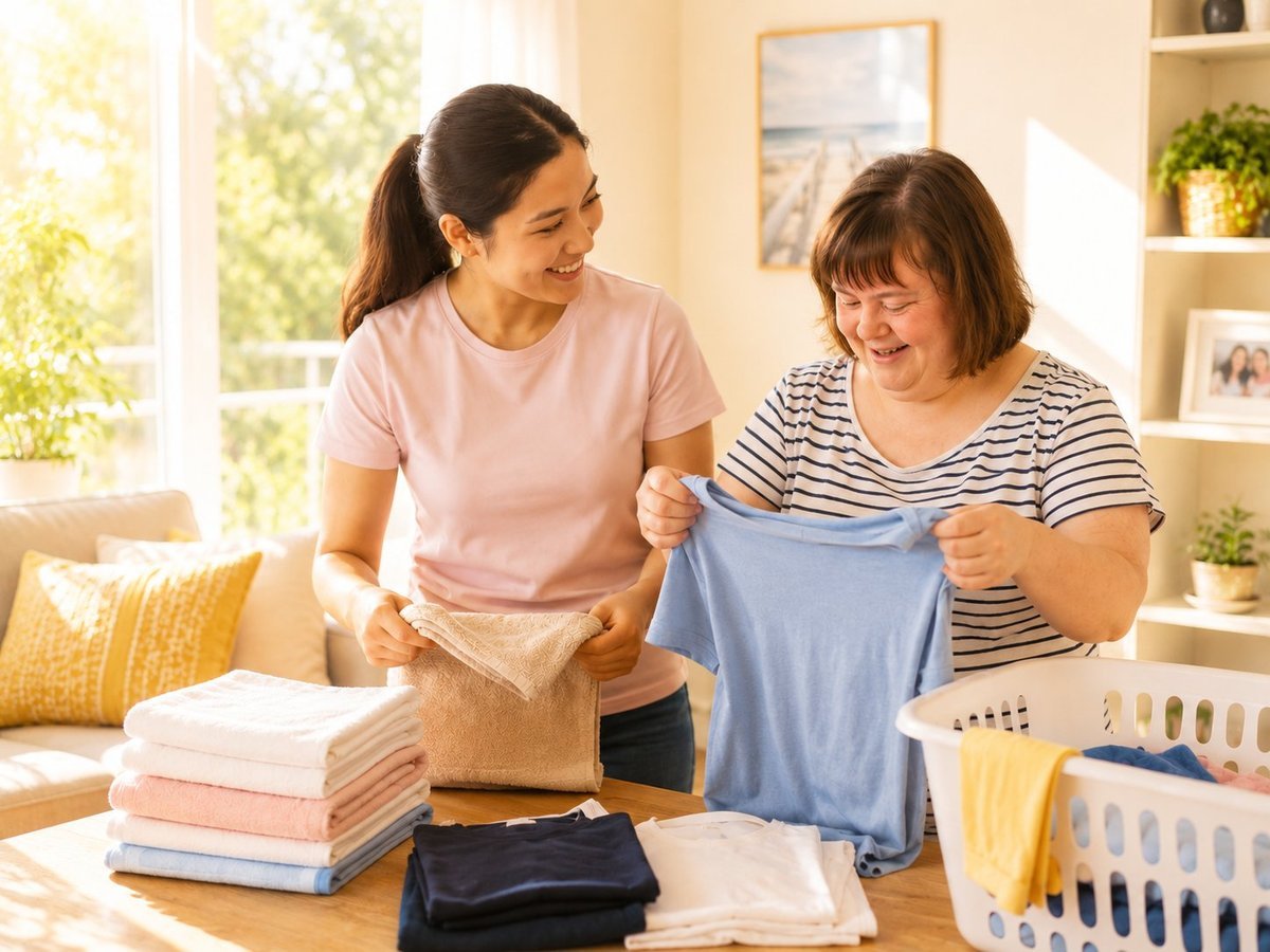 A support worker and a woman folding laundry together in a bright, sunny living room