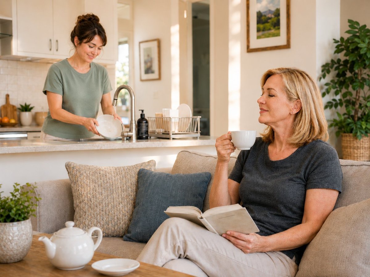 A support worker washing up in the kitchen while a participant rests with a cup of tea on the sofa